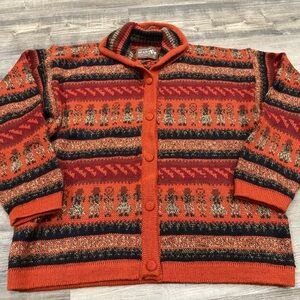 Peruvian Baby Alpaca Sweater Cardigan Orange Southwestern Llama Pattern
